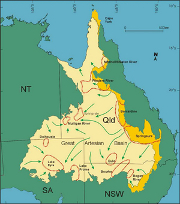 The Great Artesian Basin. The envelopes marked in red represent regional clusters of springs called 'super-groups'. The dark yellow represents the major areas of outcropping sediment where the basin is recharged by rainfall, and the arrows broadly represent the direction of groundwater flow